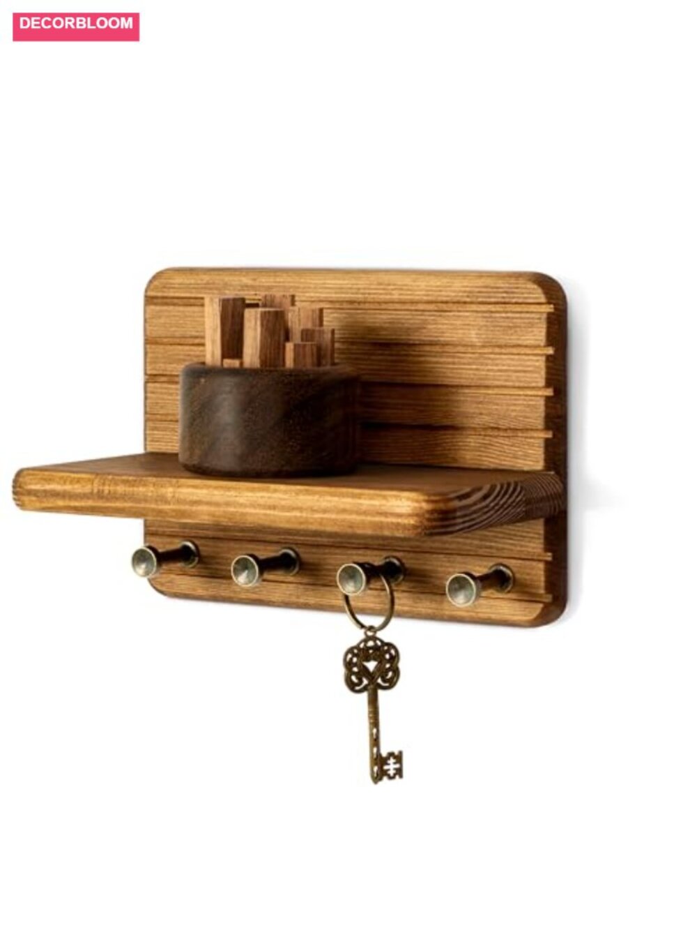 Key Holder Wall Mount with Shelf - Pine Wood 7-Inch 4 Hooks Farmhouse Entryway